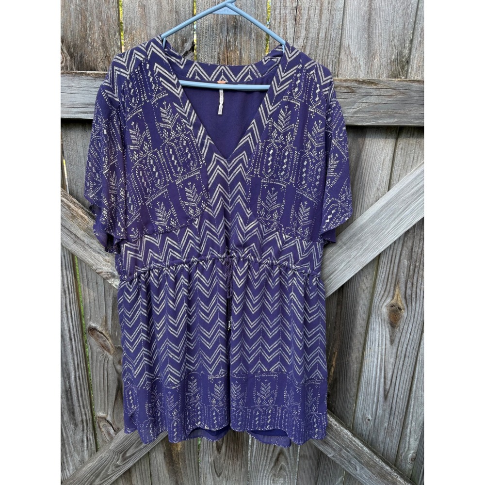 Free People Purple Silver Metallic Chevron Mini Dress Split Sleeve Small